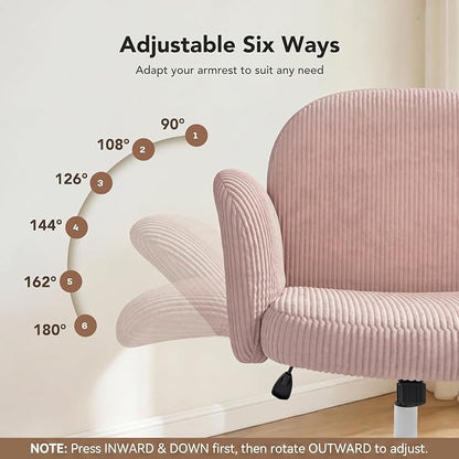 HUANUO Criss Cross Office Chair for Women, Cross Legged Desk Chair with Adjustable Armrests, Soft Corduroy Fabric for Small Spaces, Petite Home Office Computer Chair for Girls, Pink