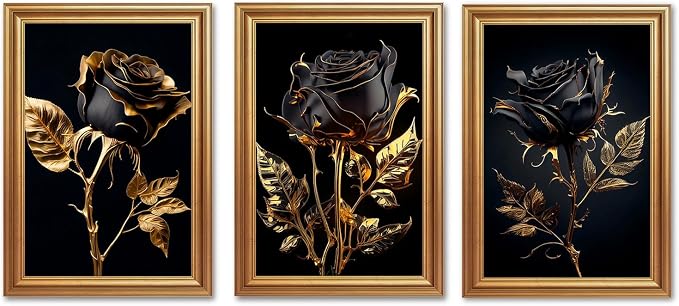 ICHZUMW Black and Gold Wall Decor, Gold Framed Glam Rose Canvas Wall Art, Set of 3 Ready to Hang Fade Resistant Floral Prints with Moody Dark Academia Aesthetic for Bedroom Living Room, 16x24 Inches
