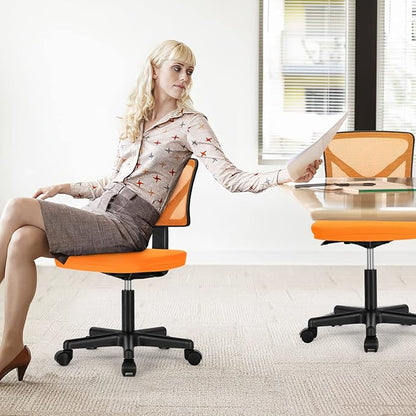 Sweetcrispy Ergonomic Low-Back Mesh Small Office Chair, Rolling Work Swivel Chairs with Wheels, Armless Comfortable Seat Lumbar Support for Home, Bedroom, Study, Student, Adults, Orange