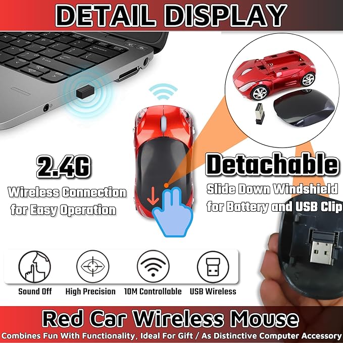 HuGuWdy Cute Mouse Wireless Red，2.4G with USB Reciver 1600DPI Car Mouse for Computer Wireless USB for Laptop Computer Tablet for Windows for Mac OS for Her for Christmas（Red）