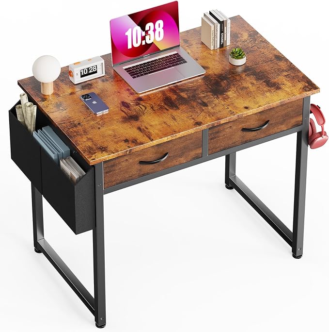 32" Small Gaming Desk with Drawers, Home Office Computer Writing Study Table with Storage Side Bag, Headphone Hook, and Adjustable Feet for Bedroom, Rustic Brown