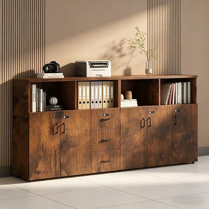 File Cabinet with Password Lock, Wood Lateral Filing Cabinet for Letter/A4 Files, 3 Drawer with Door, Printer Stand with Open Shelves for Home Office