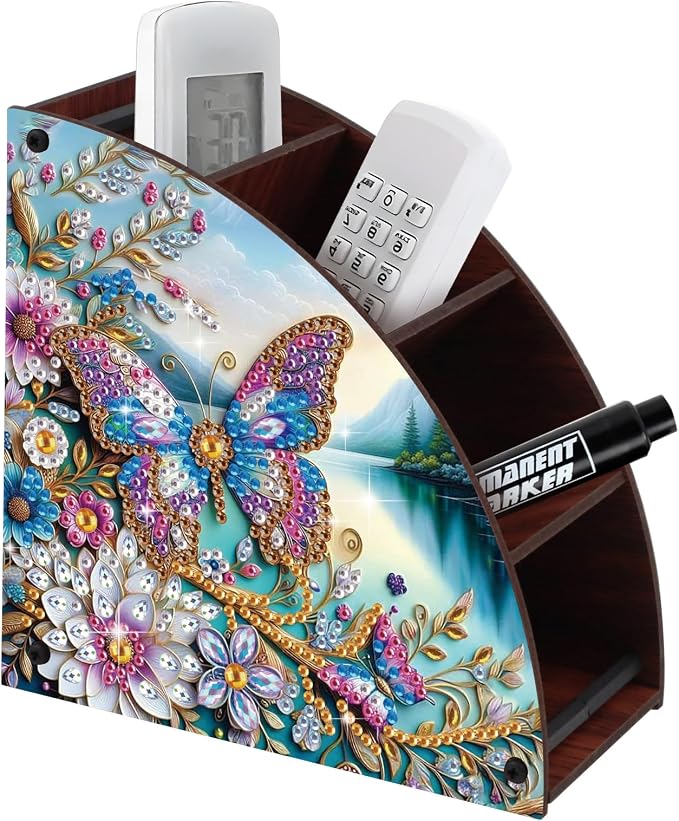 Elegant Butterfly & Floral Diamond Painting Storage Box – Curved Multi-Compartment Wooden Organizer with DIY Diamond Art Decoration for Adults