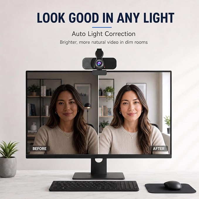 1080P Webcam with Microphone and Physical Privacy Cover, Noise Cancelling USB Web Camera, Auto Light Correction, Plug and Play, Wide Angle PC Camera for Zoom, Online Class, Laptop/Desktop
