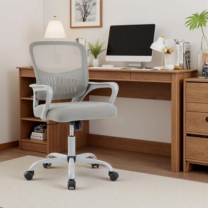 DUMOS Home Office Computer Chair - Ergonomic Mid Back Desk with Lumbar Support and Rocking Mode, Height Adjustable with Fixed Armrest, for Conference Meeting Room, 360° Swivel, Adults, Grey
