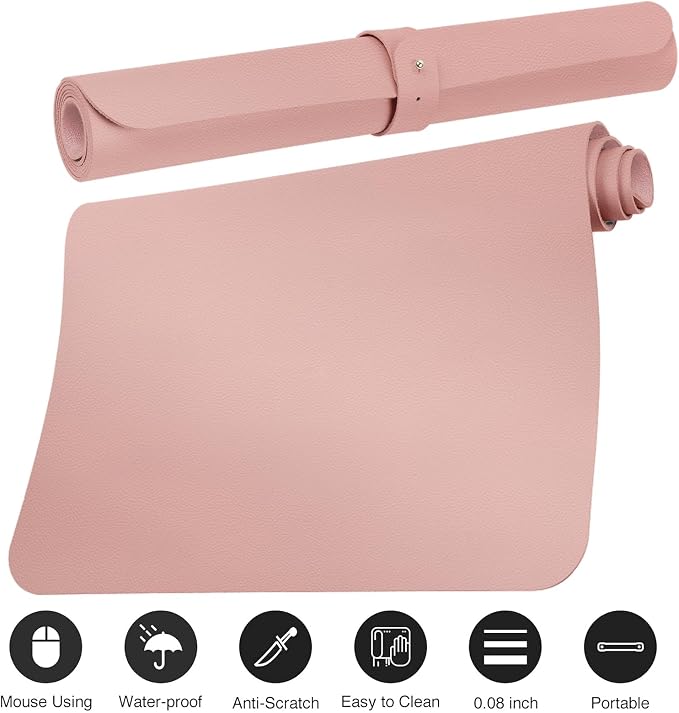 Boutilon Leather Desk Pad Protector,Non-Slip Mouse Pad,Laptop Desk Pad,Office Mouse Mat,Waterproof Leather Desk Blotter,Desk Writing Pad for Office and Home (M-Pink,30"x14")