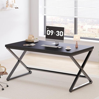 IBF Black Desk, Modern Computer Desk for Home Office, Industrial Simple Pc Gaming Writing Study Desk in Bedroom, Wood Metal Laptop Workstation Executive Work Computer Table, Black Oak, 55 Inch