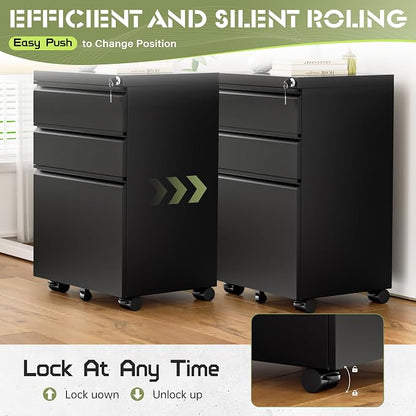 Crownland Office Mobile File Cabinet with Lock, Metal Filing Cabinets with 3 Drawers for Home Office, Lockable File Cabinet for Legal/Letter/A4/F4 Size(Black)