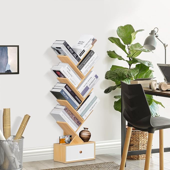 SHEEPAM 8 Tier Tree Bookshelf with Drawer, Free Standing Wood Bookcase for Narrow Space, Storage Organizer Bookshelves for Books, Book Case for Home Office, Living Room, Bedroom - Natural