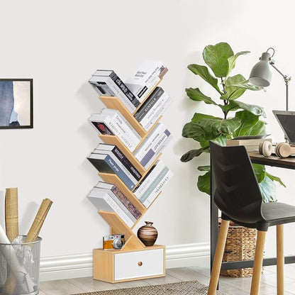 SHEEPAM 8 Tier Tree Bookshelf with Drawer, Free Standing Wood Bookcase for Narrow Space, Storage Organizer Bookshelves for Books, Book Case for Home Office, Living Room, Bedroom - Natural