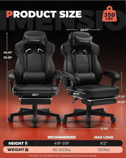 GTPLAYER Gaming Chair with Footrest, Big and Tall Game Chair 350lb Racing Style Computer Chair, Ergonomic Executive Office Chair High Back with Lumbar Support and Recliner, Black