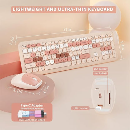 Wireless Keyboard and Mouse Combo, Cute Brown Retro Typewriter Keyboard with Number Pad, 2.4GHz USB Receiver + Type-C Adapter, Plug and Play for Laptop, Desktop, PC, Chromebook
