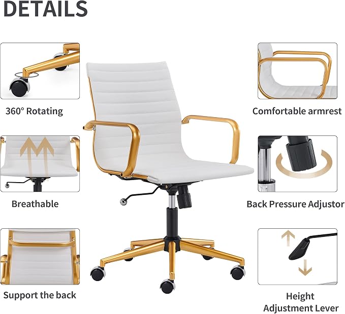 Office Chair with Arms, White and Gold Faux Leather Desk Chair, Adjustable Swivel Task Seating for Women, Vanity Room and Home Office
