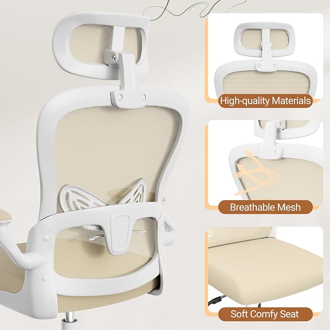 Homall Ergonomic Office Computer Chair，Computer Desk Chair with 3D Headrest Adjustable Lumbar Support，High Back Mesh Chair with Wheels for Office and Working from Home (Beige)