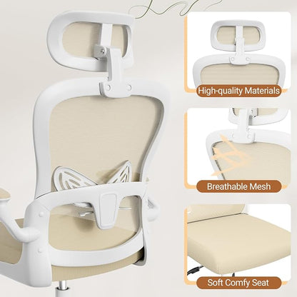 Homall Ergonomic Office Computer Chair，Computer Desk Chair with 3D Headrest Adjustable Lumbar Support，High Back Mesh Chair with Wheels for Office and Working from Home (Beige)