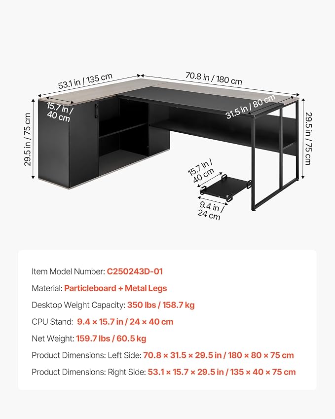 VEVOR 71" L-Shaped Executive Desk, Large Computer Desk with Drawers, File Storage Cabinet, CPU Stand, 350 LBS Load Capacity Corner Table, Easy Assembly, for Work Study