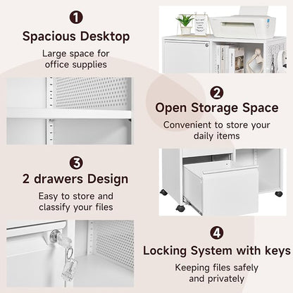 2 Drawer File Cabinet for Home Office, Rolling File Cabinets with Lock, Under Desk Metal Filing Caninet with Wheels for A4 / F4 / Letter/File Box, White-Assembly Required