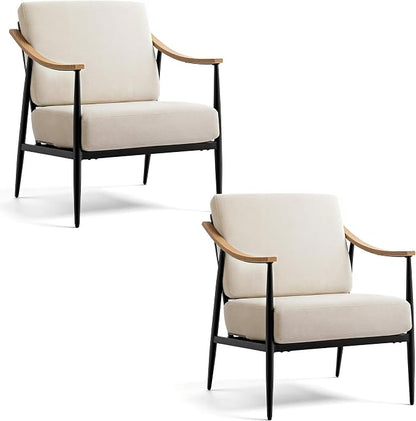 RNKSFX Modern Accent Chairs Set of 2 for Living Room Bedroom Mid Century Arm Chairs Upholstered Office Accent Chairs Comfy Waiting Room Chairs with Metal Frame, Beige