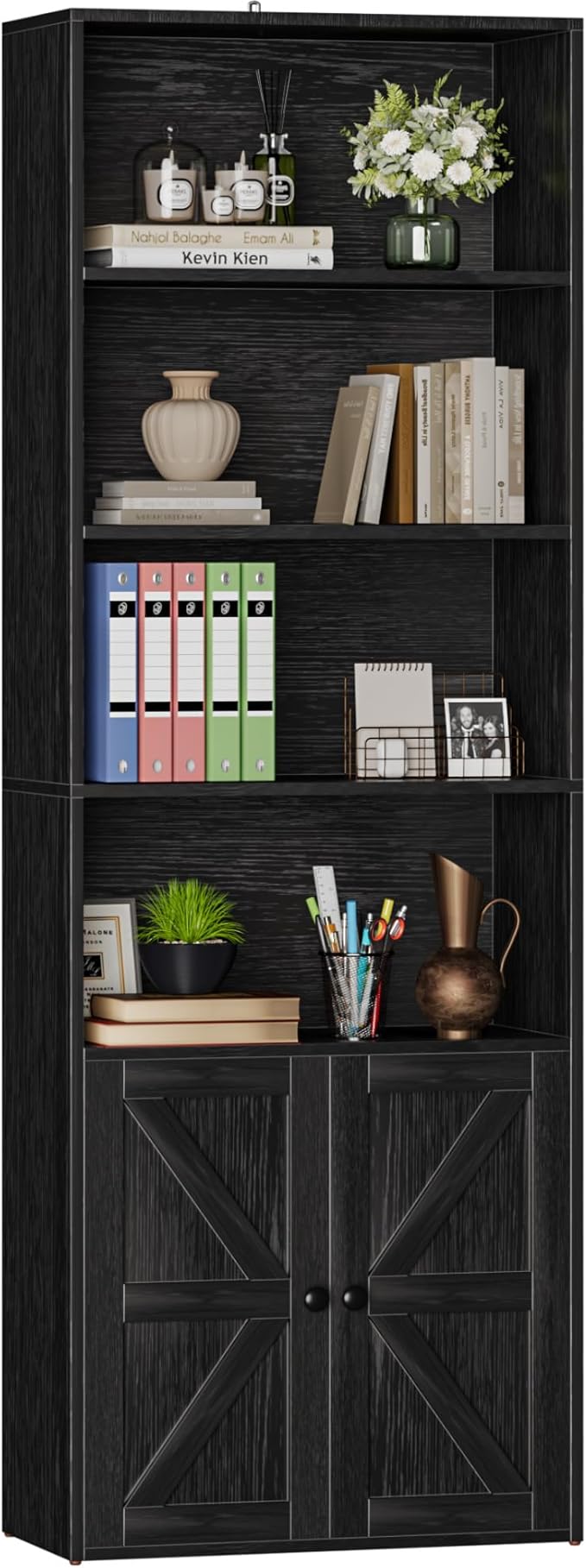 Furniwell Industrial Bookshelf and Bookcases with Doors Modern Bookshelf Cabinet Tall Book Shelves Storage for Home Office, Bedroom (Deep Black)