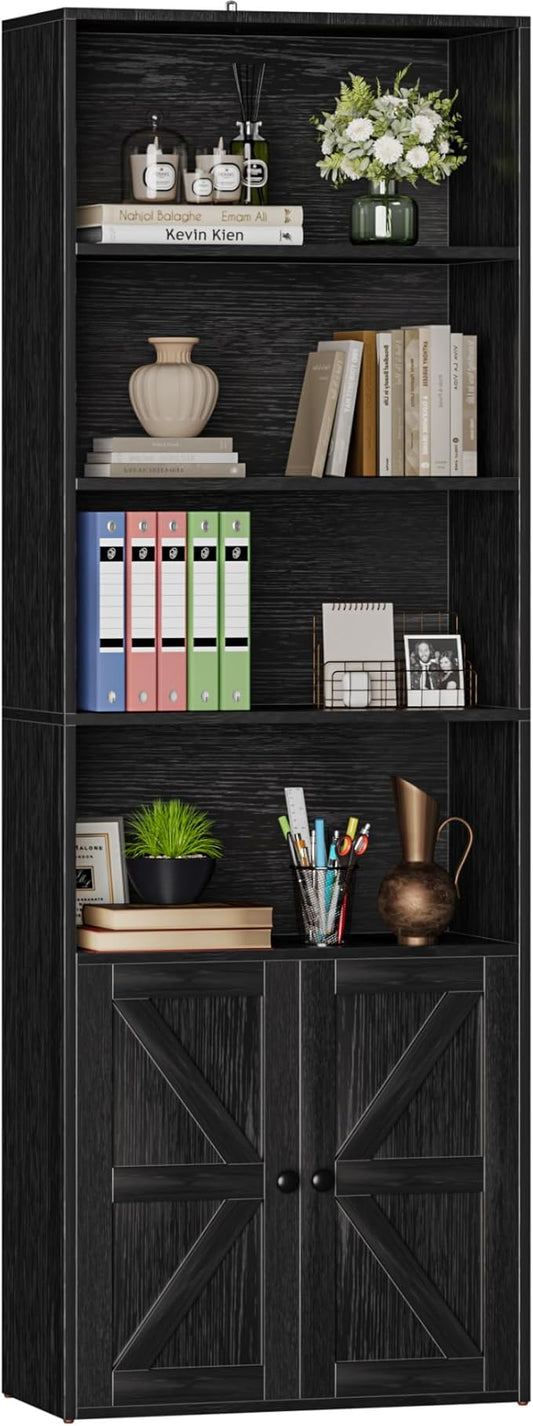 Furniwell Industrial Bookshelf and Bookcases with Doors Modern Bookshelf Cabinet Tall Book Shelves Storage for Home Office, Bedroom (Deep Black)