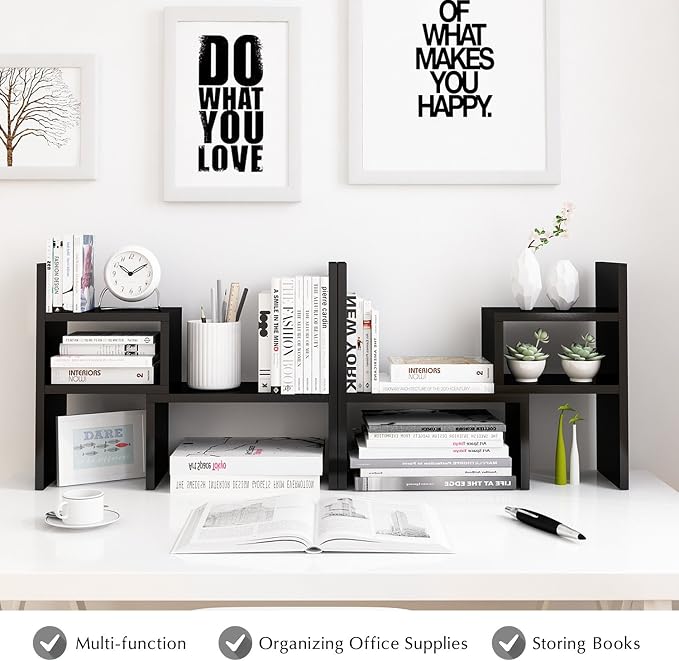 Jerry & Maggie Desktop Organizer Office Storage Rack Adjustable Wood Display Shelf, Birthday Gifts Toy Home Decor Free Style Rotation Display True Natural Stand Shelf (Black)