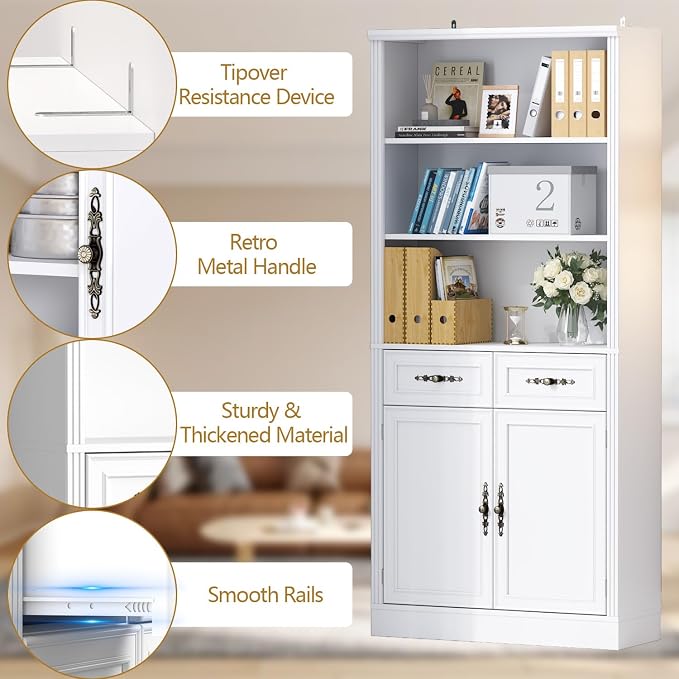 Thacuok 72'' Tall Bookcase with Doors and Drawers, Adjustable Shelves, P2 MDF Construction, 32'' Wide Freestanding Cabinet with Metal Handles, Hidden Storage for Living Room, Bedroom