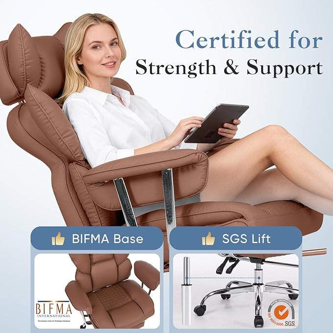 DUMOS Big and Tall Office Chair 400 LBS, Scratch-Resistant PU Leather Executive Office Desk Chair with Footrest, Ergonomic Reclining Computer Chairs with Pocket Spring Support, Brown