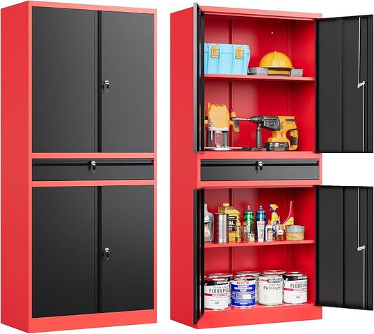 SISESOL Metal Storage Cabinet with Drawer and Lock,Garage Storage Cabinet with Locking Doors and Shelves,71" Black Red Metal Cabinets,Lockable Steel Tool Cabinets for Garage,Home,Office,Shop