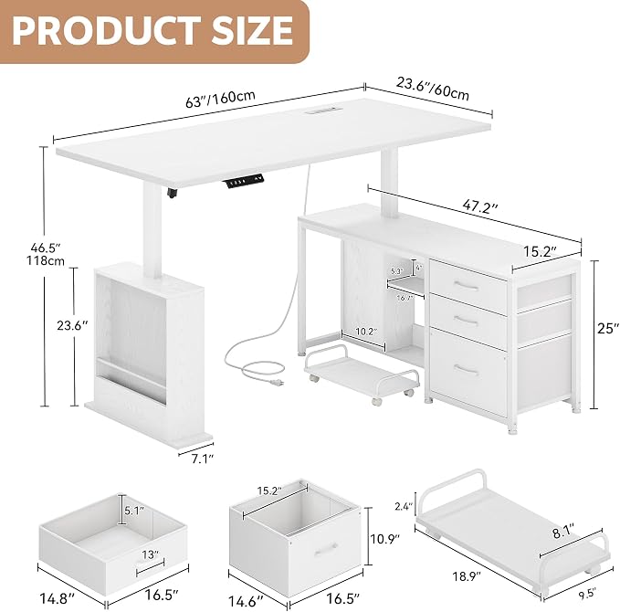 63 Inch L Shaped Desk with 3 Drawers Electric Standing Desks with Storage Computer Table Adjustable Height with Power Outlets 4 Memory Presets for Home Office, White