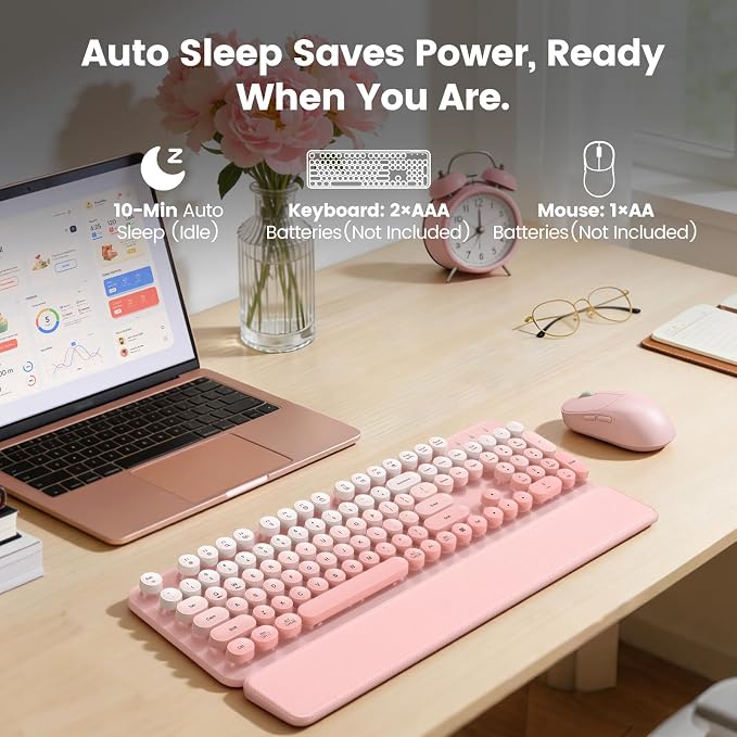 Wireless Keyboard and Mouse Combo, Magnetic Soft-Touch Wrist Rest, Round Keycaps, Full-Size Retro Typewriter Keyboard, 2-Stage Tilt Legs, Auto Sleep, 2.4GHz Cordless for Windows PC, Blush Pink Ombre