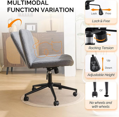 VINGLI Criss Cross Legged Chair,Wide Comfy Office Desk Chair,Dual-Use with/no Wheels Computer Task Chair,Swivel Armless Vanity Boucle Chair for Study,Make Up,Home Office,Teddy Fleece,Dark Grey
