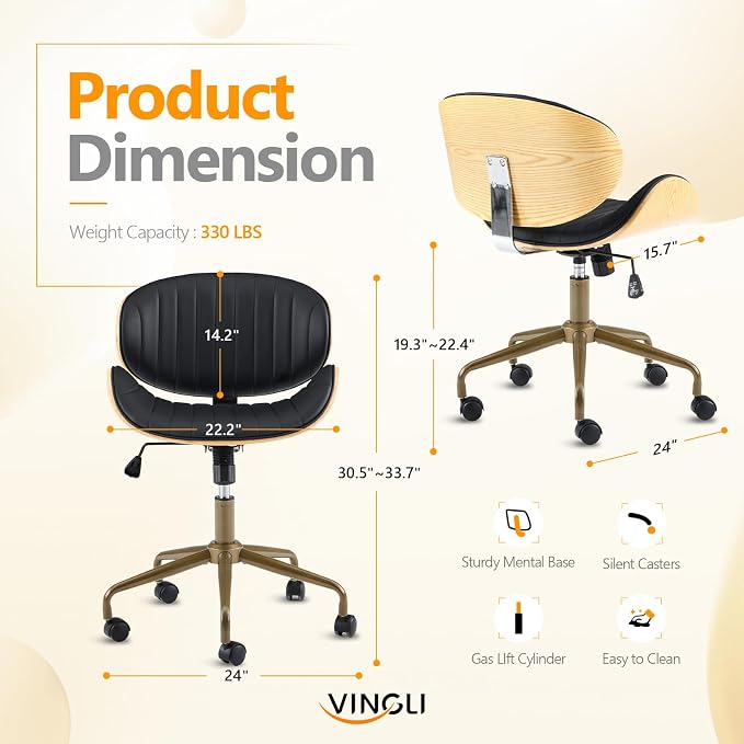 VINGLI Wide Comfotable Swivel Home Office Chair with Wood-Grain Curved Shell,Ergomomic Mid-Back Padded Armless Rolling Desk Chair with Wheels,Height Adjustable for Computer,Task,Work,PU Leather,Black