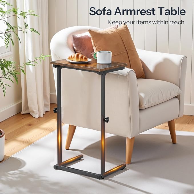 HOOBRO C Shaped End Table, Adjustable Height Sofa Side Table, Slide Under Couch Table, C Shaped Side Table for Small Spaces, for Living Room, Bedroom, Rustic Brown BF71SF01