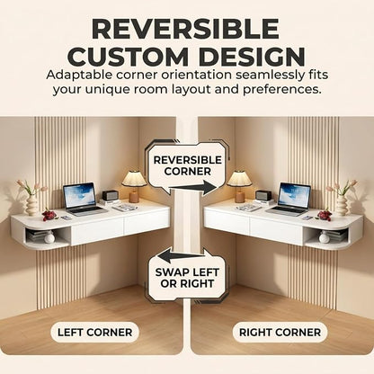 Corner Floating Desk with Drawer, Wall Mounted Desk with Open Shelving, Floating Makeup Vanity with Storage, Scratch-Resistant, Space Saving, for Bedroom Living Room Small Spaces Apartment