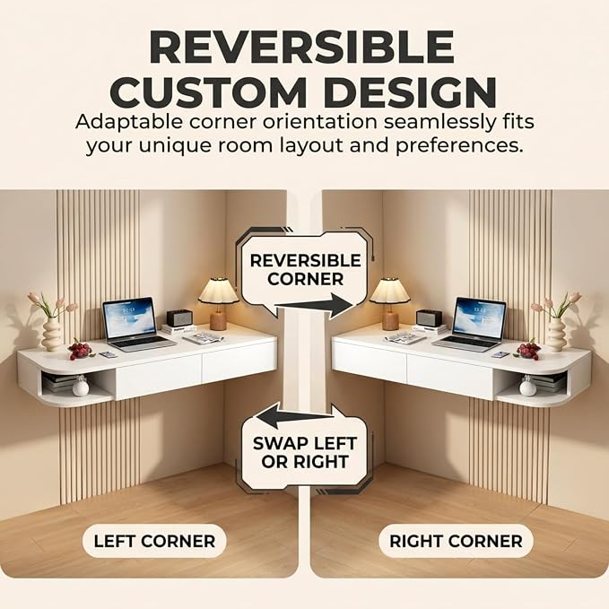 Corner Floating Desk with Drawer, Wall Mounted Desk with Open Shelving, Floating Makeup Vanity with Storage, Scratch-Resistant, Space Saving, for Bedroom Living Room Small Spaces Apartment