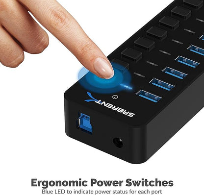 SABRENT 10-Port USB 3.0 Hub, Individual Power Switches and LEDs, 3 Smart Charging Ports, 60W Power Adapter, for PC, Mac, Xbox, PS5, Laptop, Desktop, USB Devices (HB-B7C3)