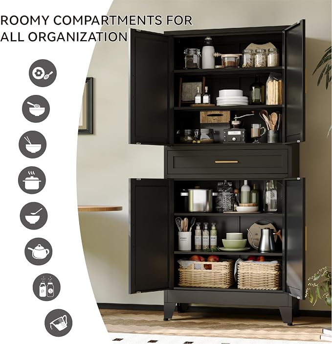 COFaR 71" Modern Pantry Cabinet with Drawer, Black Storage Cabinet with Adjustable Shelves, 3-Section Industrial Cupboard for Kitchen & Office