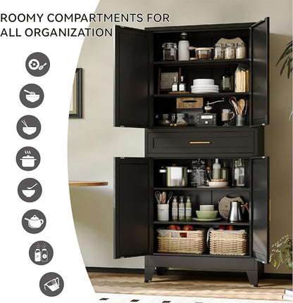 COFaR 71" Modern Pantry Cabinet with Drawer, Black Storage Cabinet with Adjustable Shelves, 3-Section Industrial Cupboard for Kitchen & Office