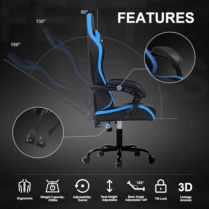 GTPLAYER Gaming Chair for Adults, Big and Tall 300LBS Heavy Duty Office Chair, Ergonomic High Back Lumbar Support and Wide Comfy Cushion with Linkage Armrests for Home Office, Blue