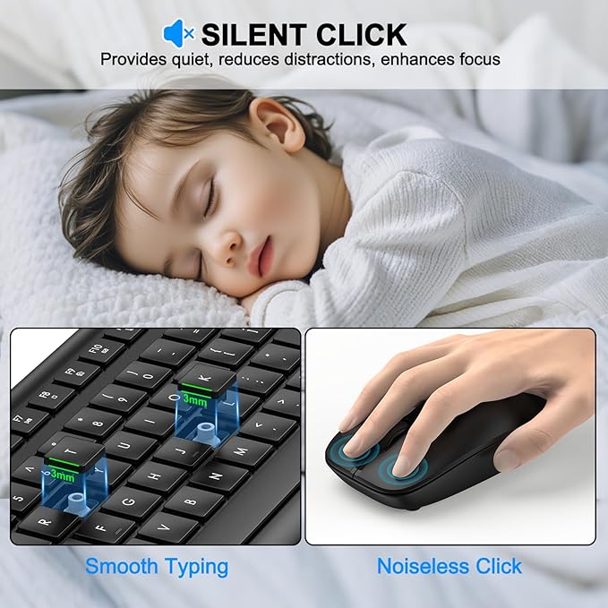 Wireless Keyboard and Mouse Combo, Full-Size Silent Ergonomic Keyboard and Optical Mouse, Long Battery Life, 2.4G Lag-Free Cordless Mice Keyboard for Laptop/Mac/PC/Windows(2 Packs