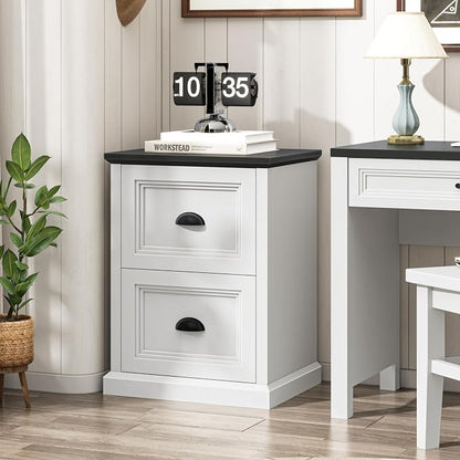 Halitaa Vertical File Cabinet, Filing Cabinet with 2 File Drawers, Farmhouse Small File Cabinet Fits Letter/A4 Size, Wooden Printer Stand, Under Desk Cabinets for Home Office, White and Black