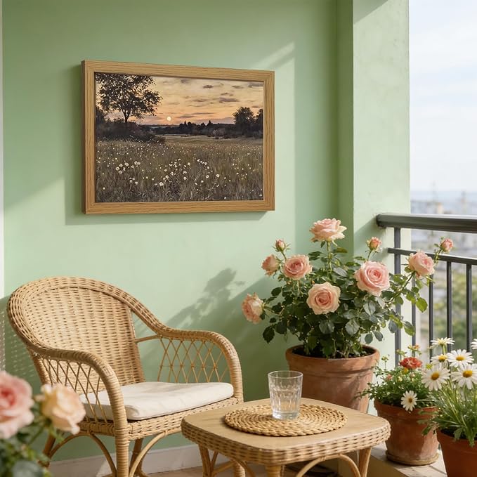 CXQILVER Vintage Framed Meadow Sunset Wall Art, Rustic Twilight Field Landscape Canvas Wall Decor Wildflowers Firefly Poster Print Farmhouse Nature Painting Artwork for Living Room Bedroom 12x16 Inch
