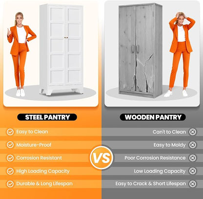 72" Tall Kitchen Cabinet Storage Unit With 2 Doors and 4 Adjustable Shelves, Metal White Freestanding Cupboard, 5 Tier Kitchen Pantry Storage Cabinet for Kitchen Dining/Living Room/Garage/Home/Office
