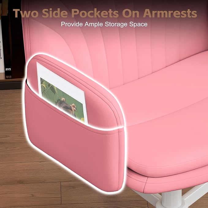 Vonesse Criss Cross Office Chair with Wheels & Armrests, Height Adjustable Vanity Chair, Makeup Chairs with Side Pockets Design, Comfortable Computer Desk Chairs for Home (PU Leather,Pink)