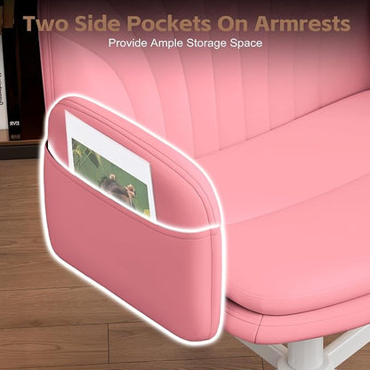 Vonesse Criss Cross Office Chair with Wheels & Armrests, Height Adjustable Vanity Chair, Makeup Chairs with Side Pockets Design, Comfortable Computer Desk Chairs for Home (PU Leather,Pink)