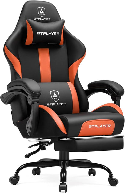 GTPLAYER Gaming Chair with Pocket Spring Cushion, Leather Office Chair with Ergonomic High Back & Lumbar Support for Back Pain Relief, Computer Game Chair for Adults, Orange