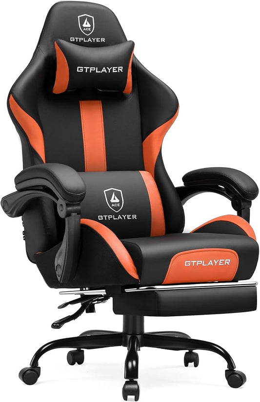 GTPLAYER Gaming Chair with Pocket Spring Cushion, Leather Office Chair with Ergonomic High Back & Lumbar Support for Back Pain Relief, Computer Game Chair for Adults, Orange