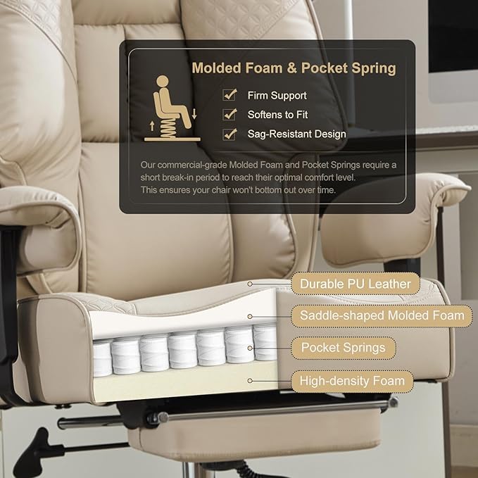 EXCEBET Big and Tall Office Chair 400lbs Wide Seat, Leather High Back Executive Office Chair with Foot Rest, Ergonomic Chairs Lumbar Support for Lower Back Pain Relief (Beige)