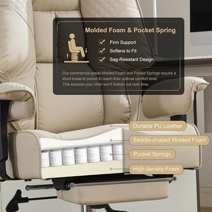 EXCEBET Big and Tall Office Chair 400lbs Wide Seat, Leather High Back Executive Office Chair with Foot Rest, Ergonomic Chairs Lumbar Support for Lower Back Pain Relief (Beige)