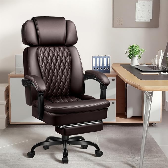 PRETZI Executive Office Chair 400LBS, Ergonomic Office Chair with Foot Rest, Heavy Duty Desk Chair for Home Office, Reclining High Back PU Leather Computer Chair Comfy, Brown